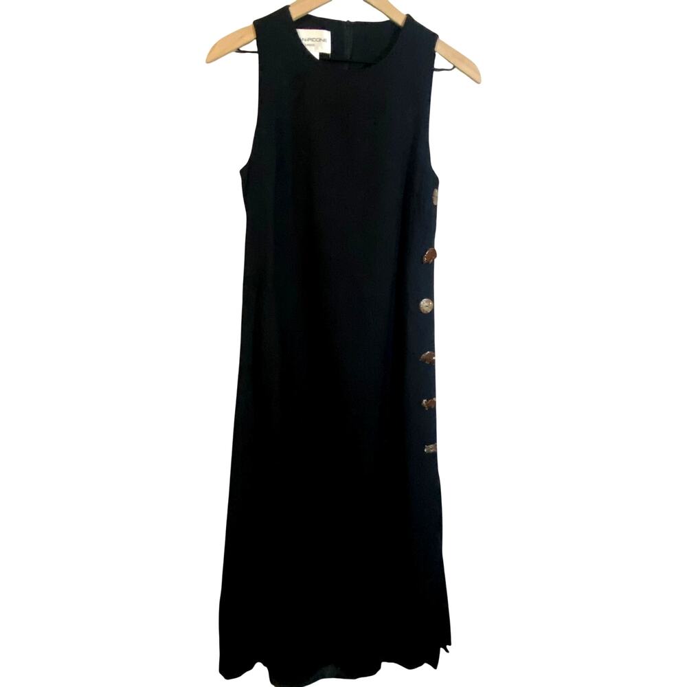 Evan Picone Black Linen Rayon Blend Dress with Animal Button Accent Sz 8